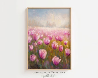 Pink tulips wall art, pink meadows print, floral painting, Large botanical flowers wall art living room, cottage decor, PRINTABLE dwonload