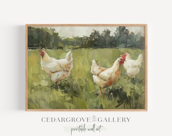 Chicken landscape print, white hens wall decor, green field, cottagecore painting, Farmhouse decor, modern rustic, large art PRINTABLE