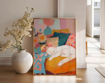 Sleeping cat painting | Colorful cat printable wall art | Dopamine decor | Coquette decor | Naive bedroom decor | Digital download