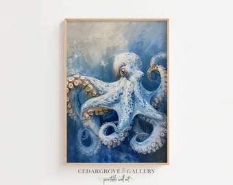 Octopus painting, deep blue wall art, Nautical wall decor print, sea life art, bathroom decor,  PRINTABLE download