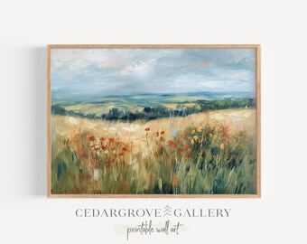 Mountain views landscape painting, poppy meadow print, nature scenery, farmhouse wall art, living room decor, PRINTABLE art.