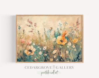 Bloemen schilderij print, pastel bloemen, landelijke wanddecoratie, lente bloemen landschapsschilderkunst, woonkamer decor, AFDRUKBARE kunst.