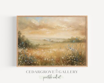 Wildflower meadows painting print, warm tones countryside, summer painting, cottagecore wall art,  farmhouse room decor, PRINTABLE art.