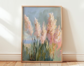 Pampas wall art | Summer landscape painting | Pastel tones | Boho decor | Botanical wall art | Large PRINTABLE instant download