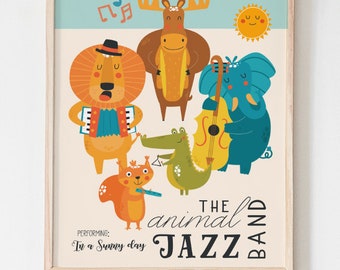 Animal Jazz Band Poster, Funny Animals Musicians PRINTABLE Artwork, DIGITAL DOWNLOAD Print, Accordionist Lion, Bassist Elephant, Drummer