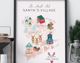 Santas Village Map Art Print, Santa's Map Printable, Christmas Decor, North Pole Claus Wall Art, Holiday Season Digital Scandinavian folk
