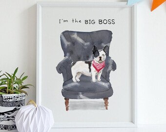 Bulldog Dog Print Digital Download, Funny Pet Portrait Watercolor Quote, Animal Painting Printable Art, Home Decor Animal Poster Drawing Art