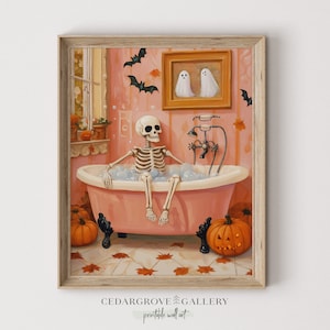 cute skeleton having a bubble bath in a vintage bathroom with Halloween decorations, painting with pastel colors, for digital download.