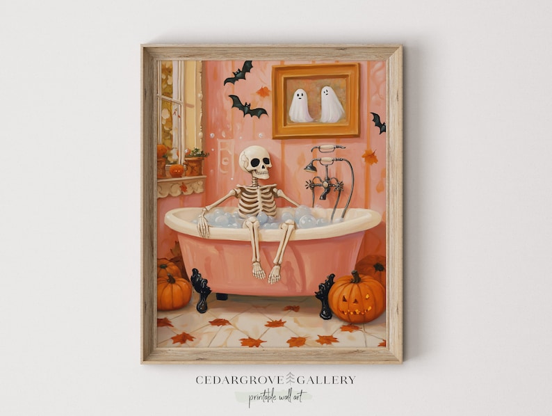cute skeleton having a bubble bath in a vintage bathroom with Halloween decorations, painting with pastel colors, for digital download.