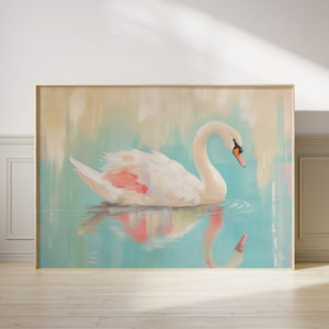 Swan printable wall art print | Swan lake | White swan landscape painting | Pastels | Vintage aesthetic | Girly decor | Digital download