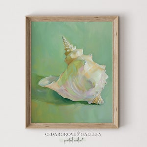 May include: A painting of a large seashell with a green background. The shell is white with a light pink hue and has a spiral shape.