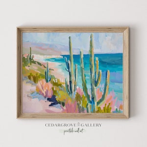Impression paysage côtier de cactus | Art mural cactus Saguaro | Décoration sud-ouest | Peinture de la côte ouest de la Californie | Bord de mer | cactus imprimable
