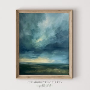 Stormy countryside landscape painting | Moody landscape printable wall art | Thunderstorm clouds | Blue hues | INSTANT DOWNLOAD