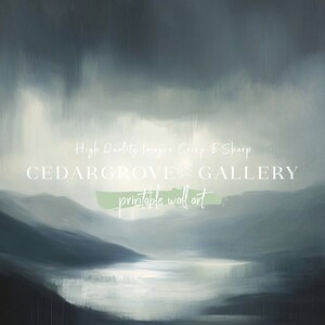 May include: A digital painting of a misty lake scene with mountains in the background. The sky is a soft blue with hints of gray. The water is a light blue and reflects the sky. The mountains are a dark blue and are covered in mist. The painting is titled "Cedar Grove Gallery - Printable Wall Art".