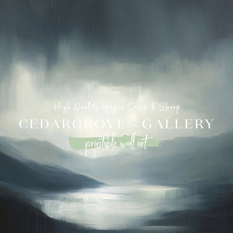 May include: A digital painting of a misty lake scene with mountains in the background. The sky is a soft blue with hints of gray. The water is a light blue and reflects the sky. The mountains are a dark blue and are covered in mist. The painting is titled "Cedar Grove Gallery - Printable Wall Art".