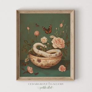 Cottagecore Schlange Wandbild | Dark Academia Dekor | Naturforscher Schlangenrosen Print | Witchy Dekor | Stimmungsvolles Naturstilleben | DIGITALER DOWNLOAD