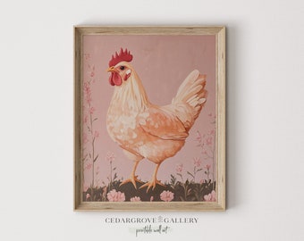 May include: A framed print featuring a watercolor painting of a hen with peach-colored feathers, a red comb, and wattle. The hen stands in a field of pink flowers against a pink background. The text "CEDARGROVE GALLERY printable wall art" is at the bottom.
