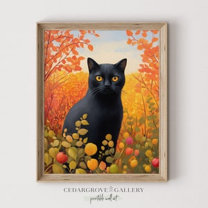 Printable Black cat fall landscape wall art | Autumn cozy decor painting | Cottagecore Halloween | Bright colors  | Cute Digital download