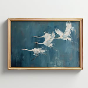 Druckbare Kraniche Wandkunst | dunkelblaues Dekor | Stimmungsvolles Gemälde | Japanische Wandkunst | minimalistisches Dekor | Digitaler Download