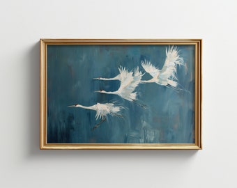 Arte de pared con grullas para imprimir / Decoración azul oscuro / Pintura de estilo melancólico / Arte de pared japonés / Decoración minimalista / Descarga digital