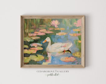 Duck printable wall art | Lily pads lake | white duck landscape painting | Pastels | Vintage aesthetic | Apartment decor | Digital download