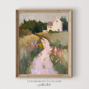 Cottage landscape wall art | Printable cottagecore painting | Spring country decor | Meadows house | Farmhouse print | DIGITAL DOWNLOAD