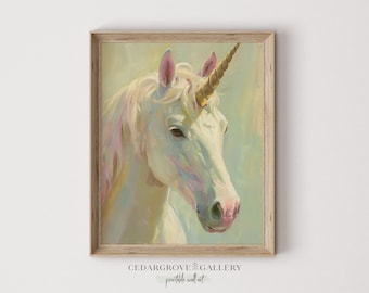 May include: A painting of a white unicorn with a gold horn and pink ears. The unicorn is set against a light green background.