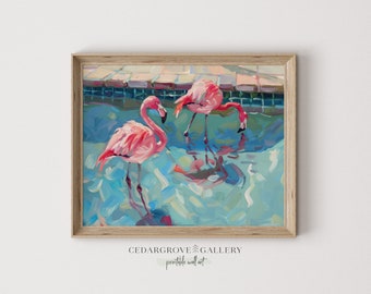 Pool flamingos printable wall art | Flamingo painting | Beachy decor | Bright colors | Retro style | INSTANT DOWNLOAD