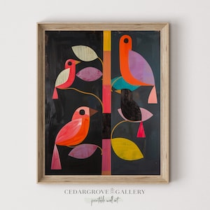 Mid-century modern bird wall art | Colorful abstract birds in a branch painting | Geometrical bird decor | Retro PRINTABLE Digital download