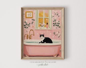 Katze in der Badewanne Gemälde: Vintage Pinke Badezimmer Kunst (Digitaler Download)