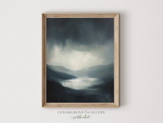 Moody Mountain Lake Painting: Dark Blue Landscape Art (Instant Download)
