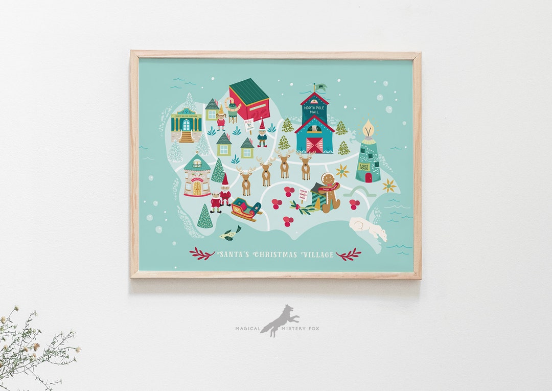Santas Map Art Print, Santa's Village Map Printable, Christmas Decor