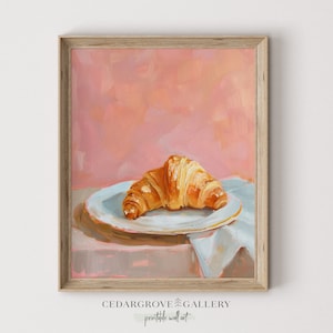 Croissant art print digital download | Breakfast wall art | Retro kitchen decor printable | Pink pastel tones | Apartment decor