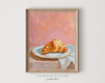 Croissant art print digital download | Breakfast wall art | Retro kitchen decor printable | Pink pastel tones | Apartment decor