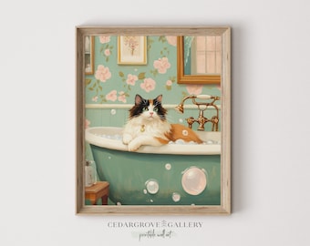 May include: A calico cat with a gold collar sits in a green bathtub with bubbles. The bathroom has a floral wallpaper with pink flowers and green leaves. The bathtub has a gold faucet and a white rim.