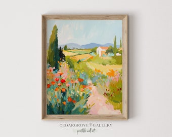Spring landscape painting digital download | flower fields wall art | Cottagecore home decor printable | Apartment decor
