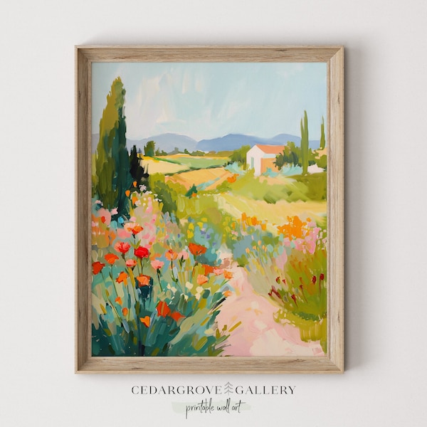 Spring landscape painting digital download | flower fields wall art | Cottagecore home decor printable | Apartment decor