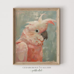 Arte de pared imprimible de cacatúa rosa / Impresión artística de aves tropicales / Pintura de loro exótico / Decoración de pajaritos / Regalo para amantes de las aves / Descarga digital