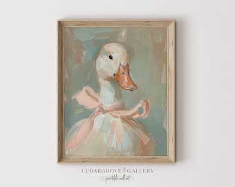 Schattige eend met roze strik afdrukbare muurkunst | Meisjeskamerinrichting| Schilderen met zachte pasteltinten | Vintage esthetiek | Digitale download