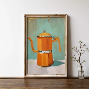 May include: A painting of an orange coffee pot with a silver lid and handle against a teal background.