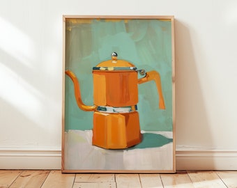 レトロなオレンジ色のコーヒーポットの絵画：ミッドセンチュリーモダン