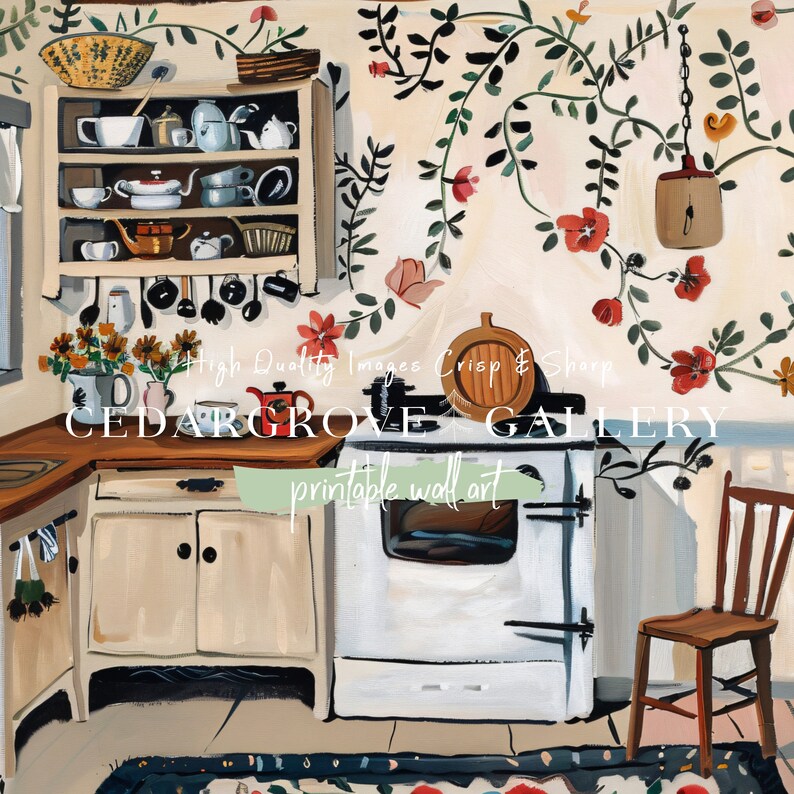 rustic cozy kitchen art prints under $7 shipped |... Rustic Cottage Kitchen Art Print: Folky Floral Decor (digital Download ...