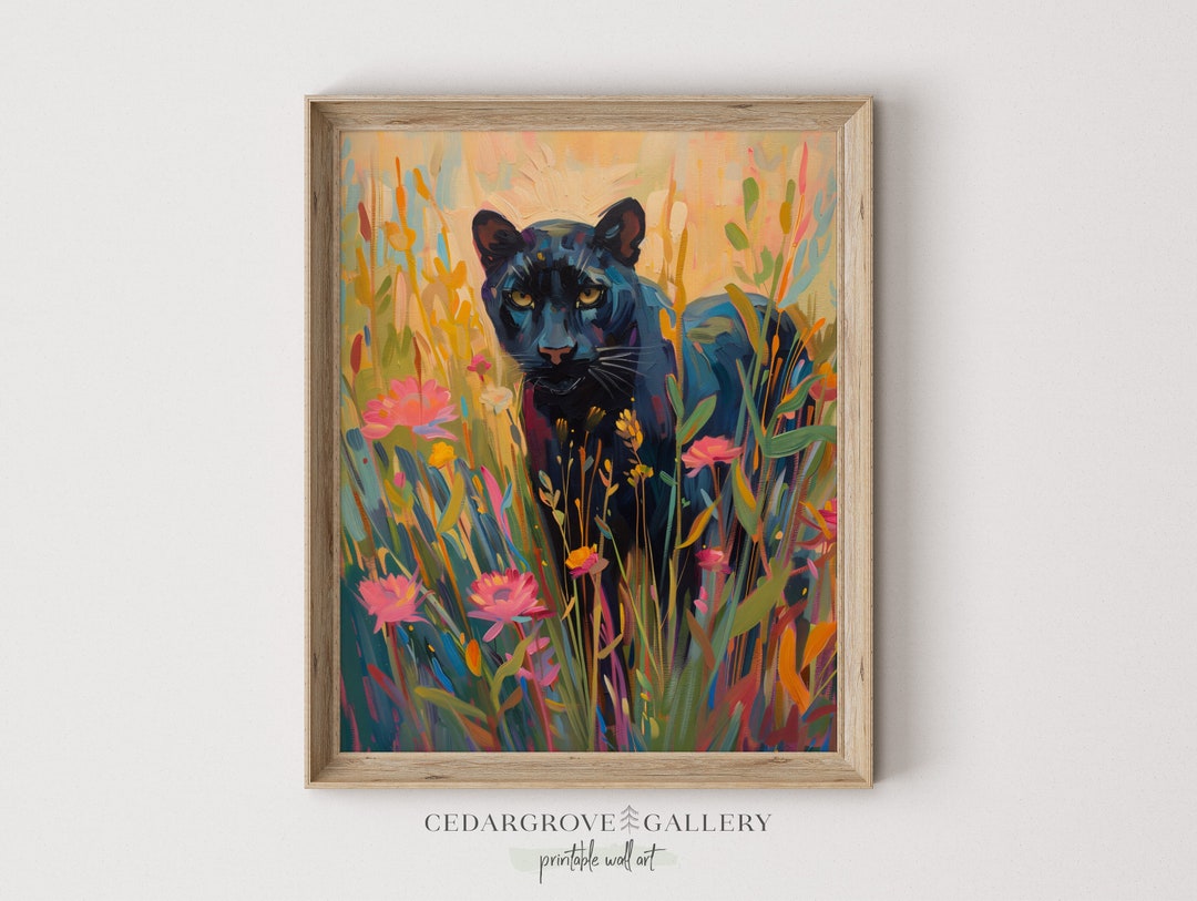 Black Panther Floral Meadow Art Print: Colorful Animal Painting ...