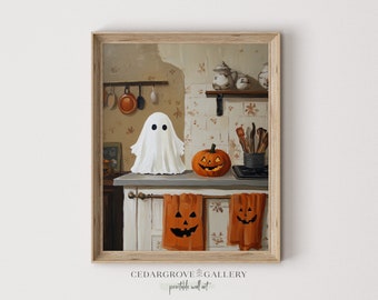 Vintage Halloween Kitchen Print | Ghost and Pumpkin Art (Digital Download)