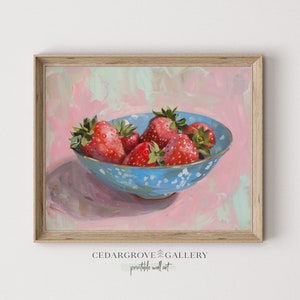 Strawberries decor | Strawberries bowl | Grandmillenial art print | Cottage kitchen wall art | Fruit bowl painting | Digital download