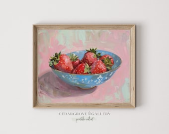 Strawberries decor | Strawberries bowl | Grandmillenial art print | Cottage kitchen wall art | Fruit bowl painting | Digital download