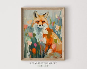 Printable fox painting | Fox flowers colorful decor | Retro style | Girly room decor | Poster wall art | Animal Art | Digital download