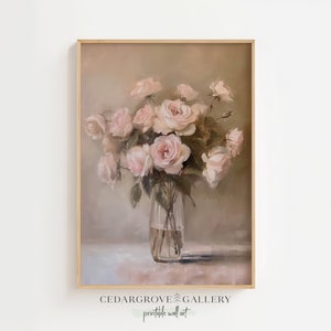 Impresión de jarrón de flores / Pintura floral rosa pálido / Arte de pared de rosas / Póster botánico / Decoración de granja / Naturaleza muerta / Descarga IMPRIMIBLE