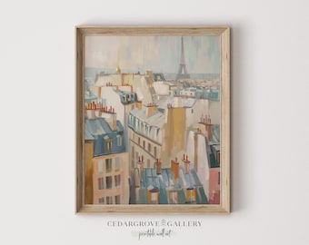 Puede incluir: Una pintura de un paisaje urbano parisino con la Torre Eiffel en el fondo. La pintura está realizada en una paleta de colores suaves y apagados con tonos de azul, amarillo y rosa. Los tejados de los edificios son visibles en primer plano.