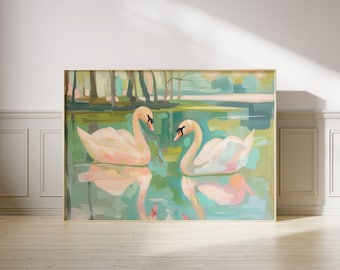 May include: A painting of two white swans swimming in a lake with a green and blue background. The swans are facing each other and their reflections are visible in the water.